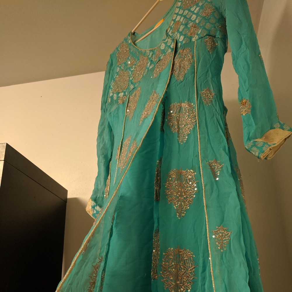 Indian Pakistani Blue Green Desi Shalwar Suit 3 piece wedding party dress Samas